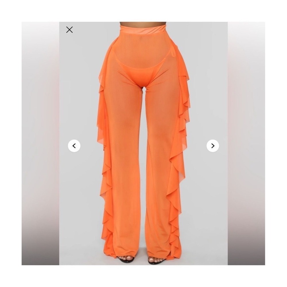 Fashion Nova Sunshine See Through Cover Up Pant Orange Ruffle Mesh Wide Leg XS
